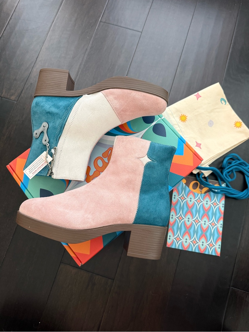 LAZO suede LUNA boots in blush pink/blue/egg shell